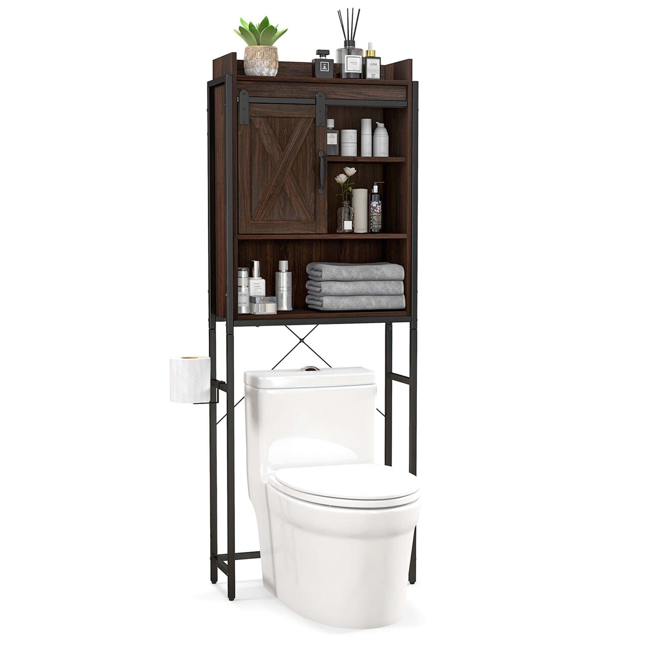 Costway Over-The-Toilet Storage Cabinet Bathroom Organizer w/ Sliding Barn Door Rustic Brown/Espresso/Grey